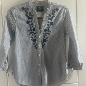 Abercrombie & Fitch Blue and White Striped Embroidered Button-Front Top